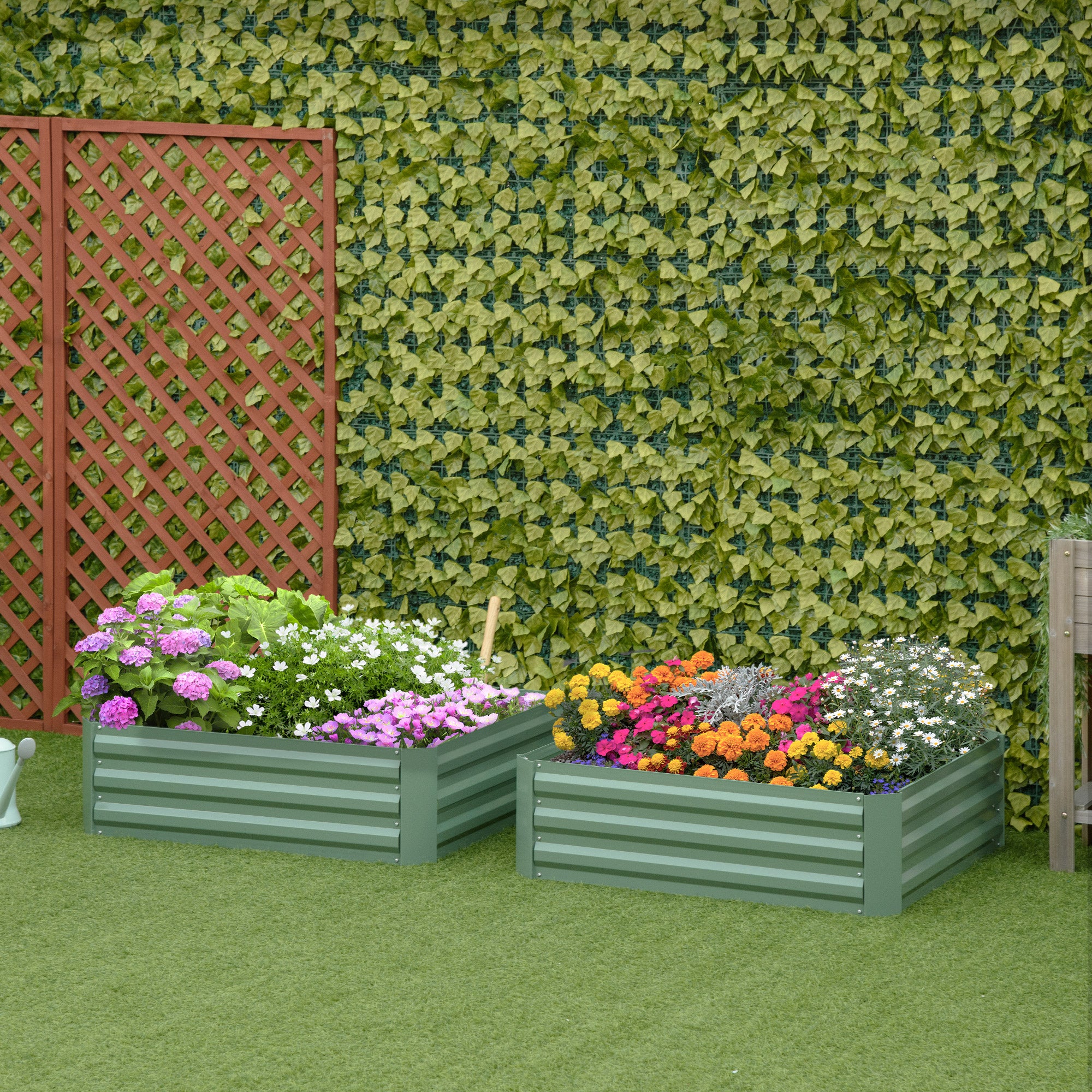 Raised Garden Bed Set, 2-Piece Garden Bed, Planter Box, Flower Box, Plant Pot, Flower Pot for Garden, Terrace, Galvanized Steel, Green, 100 x 100 x 30 cm