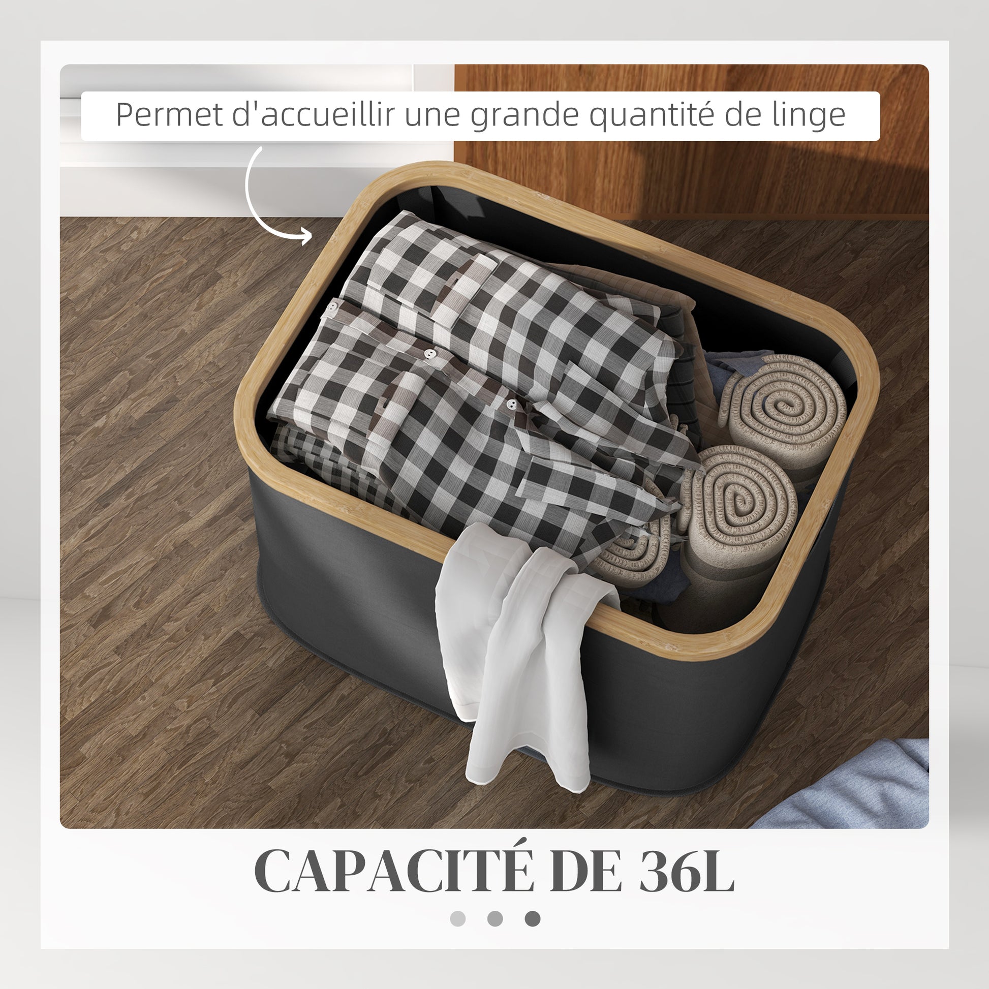 Foldable 36L Laundry Basket Dirty Clothes Hamper with Grooved Handles, Laundry Bin for Bathroom, Bedroom, Laundry Room, Black