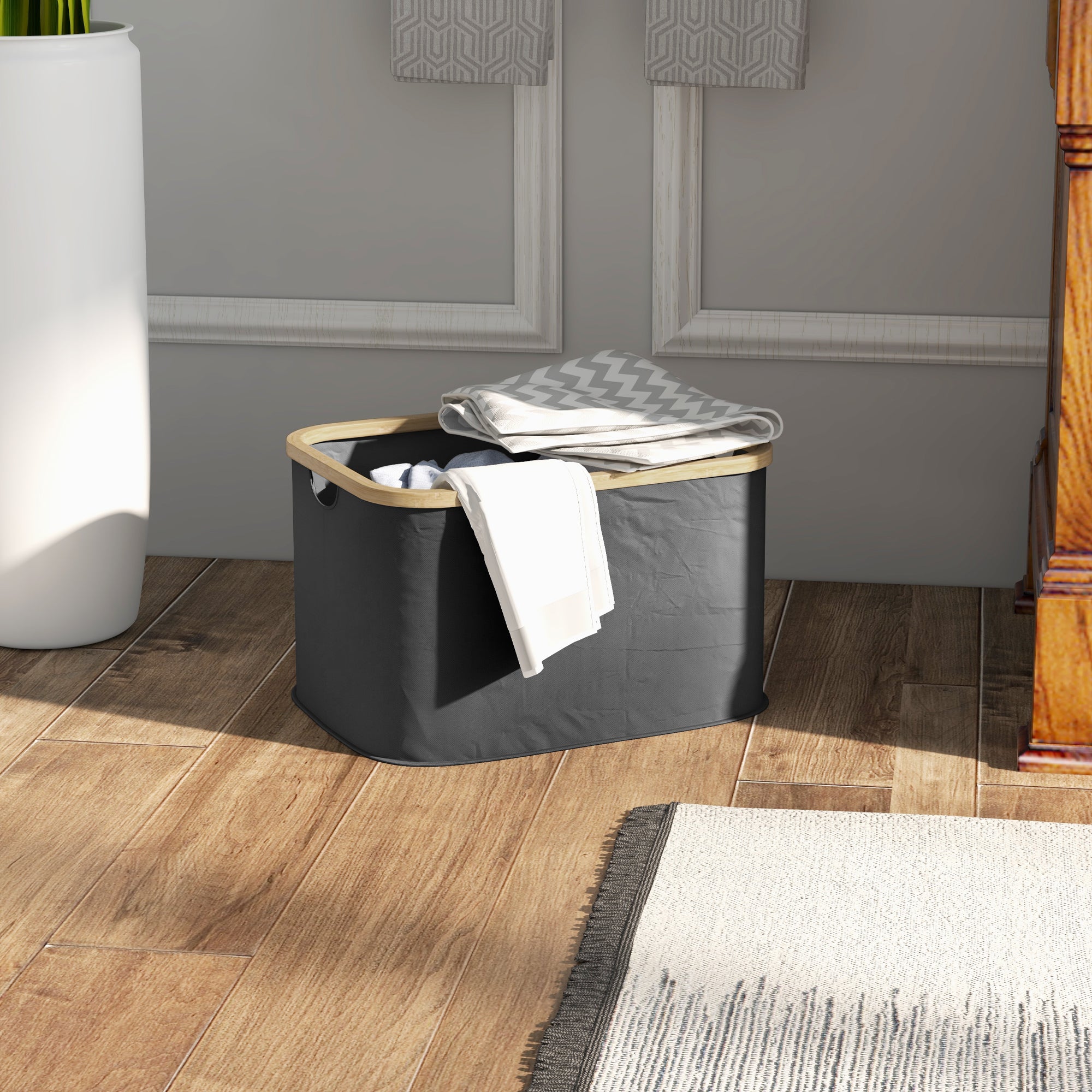 Foldable 36L Laundry Basket Dirty Clothes Hamper with Grooved Handles, Laundry Bin for Bathroom, Bedroom, Laundry Room, Black