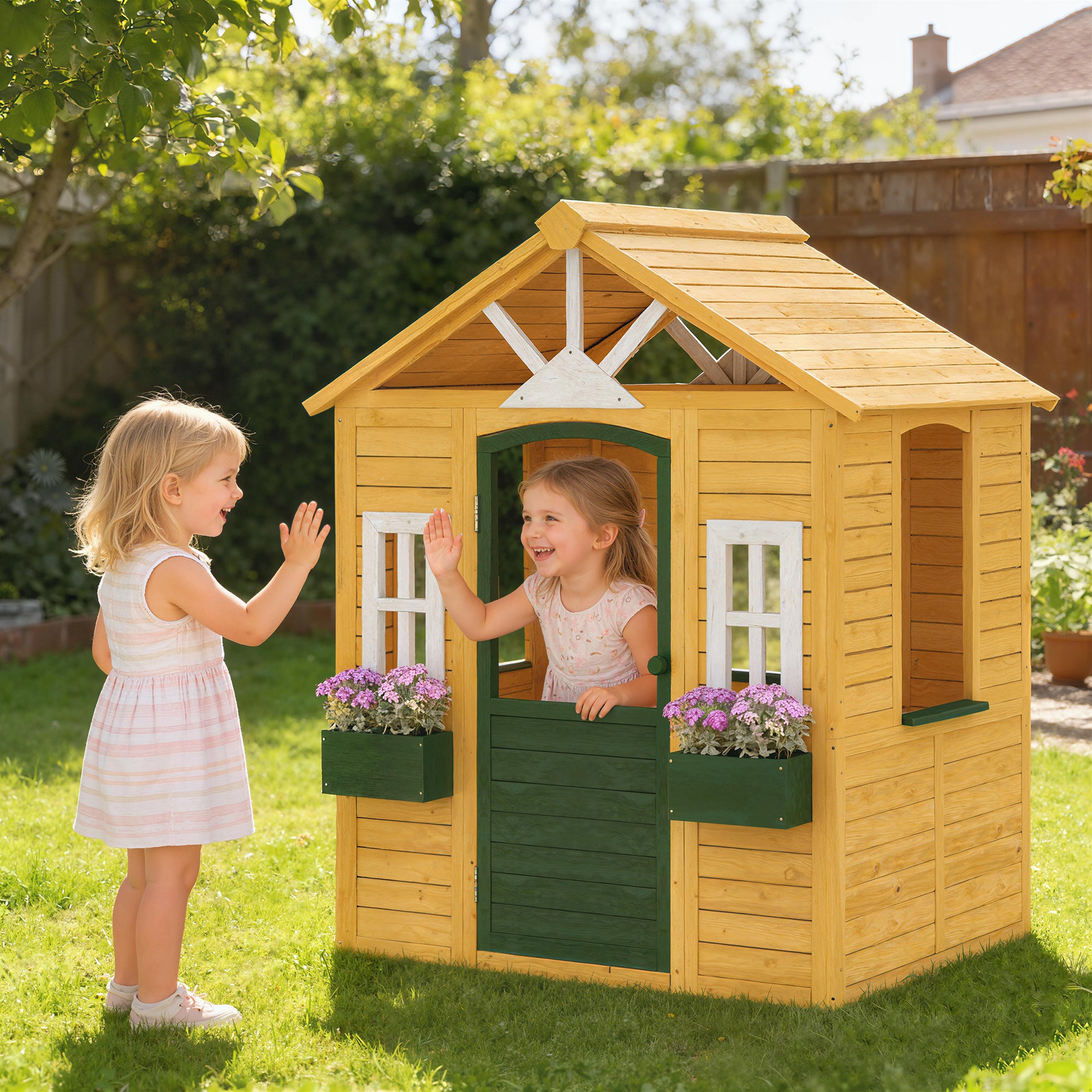 Wooden Kids Playhouse Outdoor — Door, 3 Windows, 2 Planters, Ages 3–8 — 53 x 38 x 59 in (134.5 x 97 x 150 cm), Brown