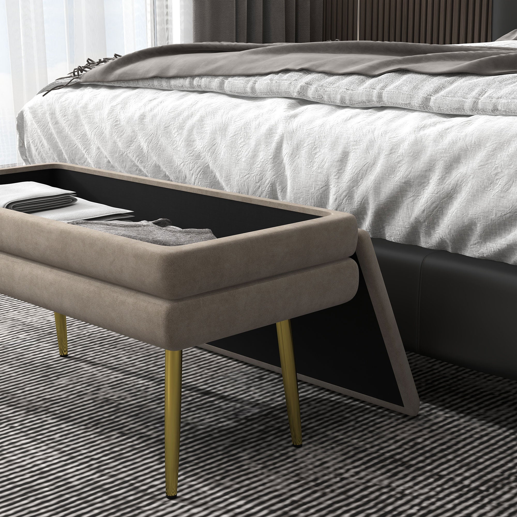 Padded Bench with Storage, Velvet Look, Bed Bench with Steel Legs, Shoe Bench, Storage Bench for Living Room, Bedroom, Beige, 79.5 x 37.5 x 43 cm