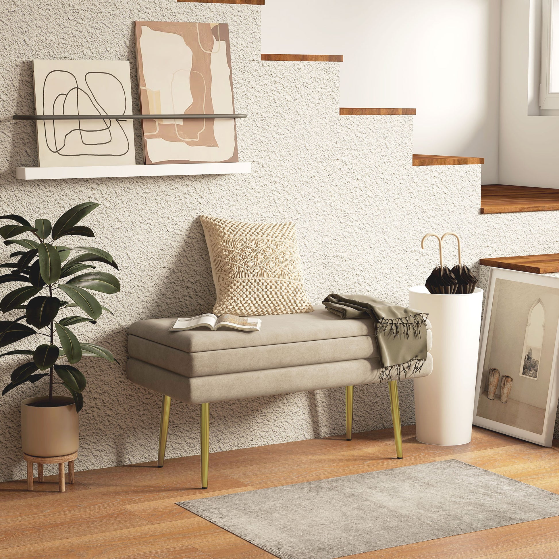 Padded Bench with Storage, Velvet Look, Bed Bench with Steel Legs, Shoe Bench, Storage Bench for Living Room, Bedroom, Beige, 79.5 x 37.5 x 43 cm