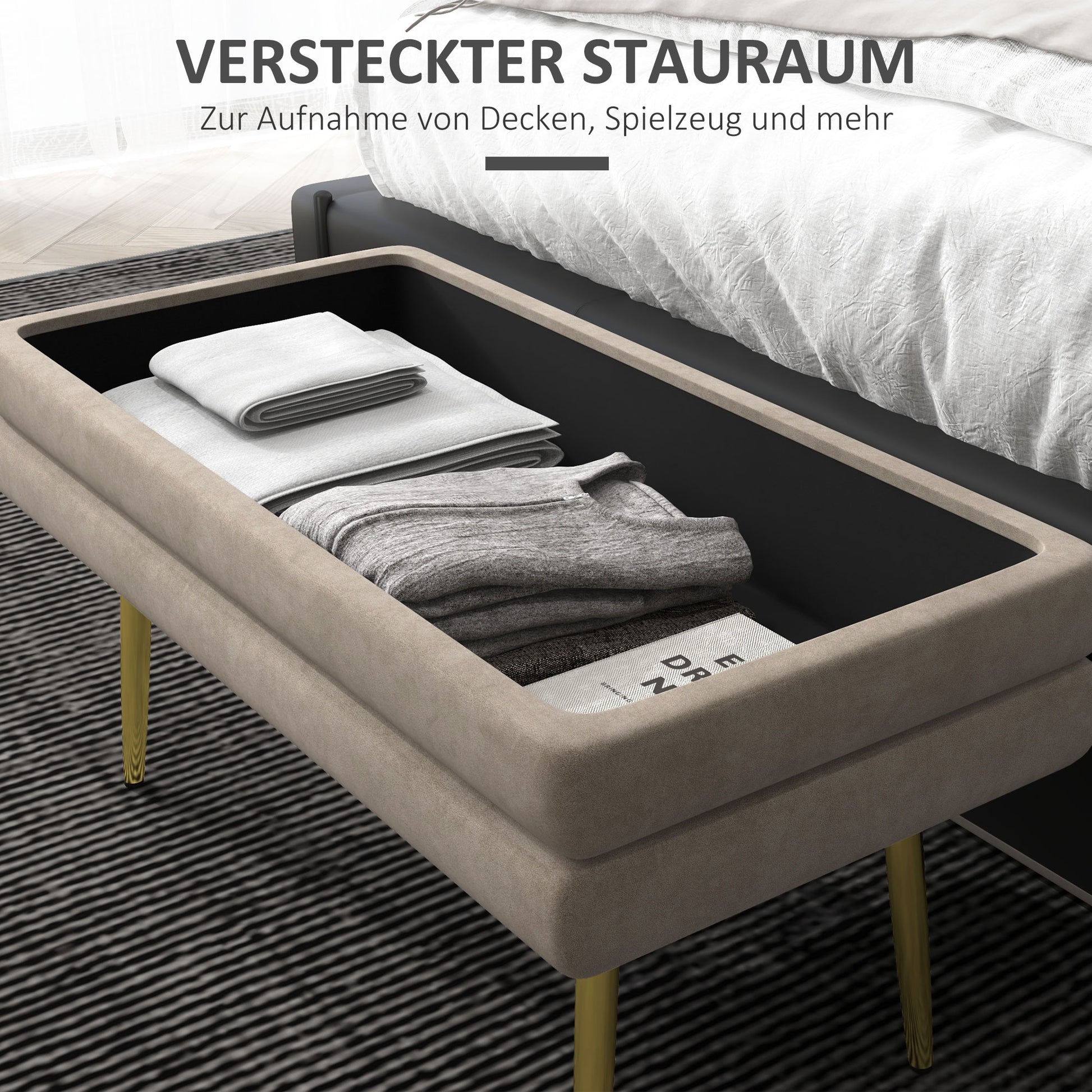 Padded Bench with Storage, Velvet Look, Bed Bench with Steel Legs, Shoe Bench, Storage Bench for Living Room, Bedroom, Beige, 79.5 x 37.5 x 43 cm