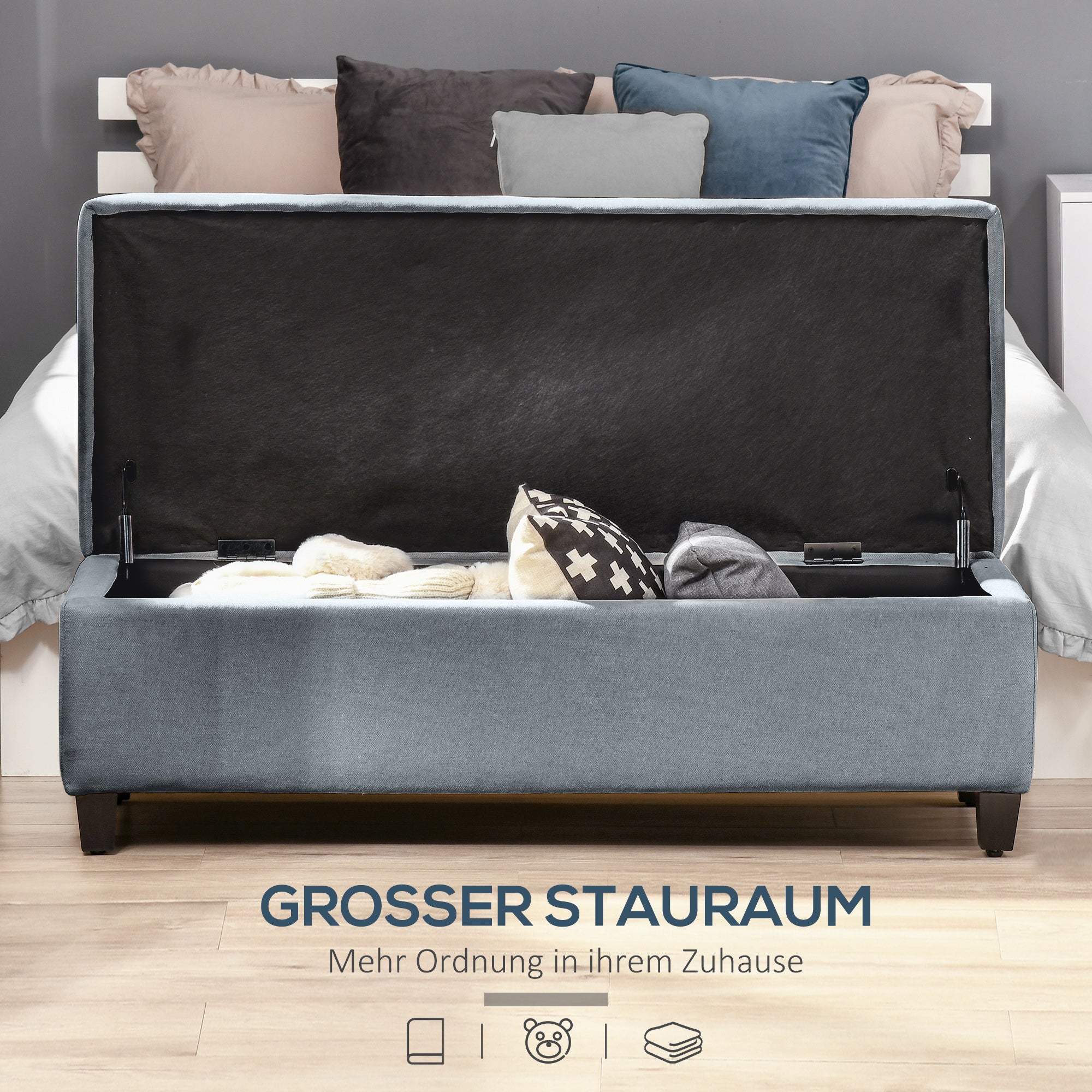 Bench, Upholstered Bench with Storage, Bed Bench with Lid, Linen Look, Chest Bench, Storage Bench for Living Room, Bedroom, Gray, 125 x 49 x 41.5 cm