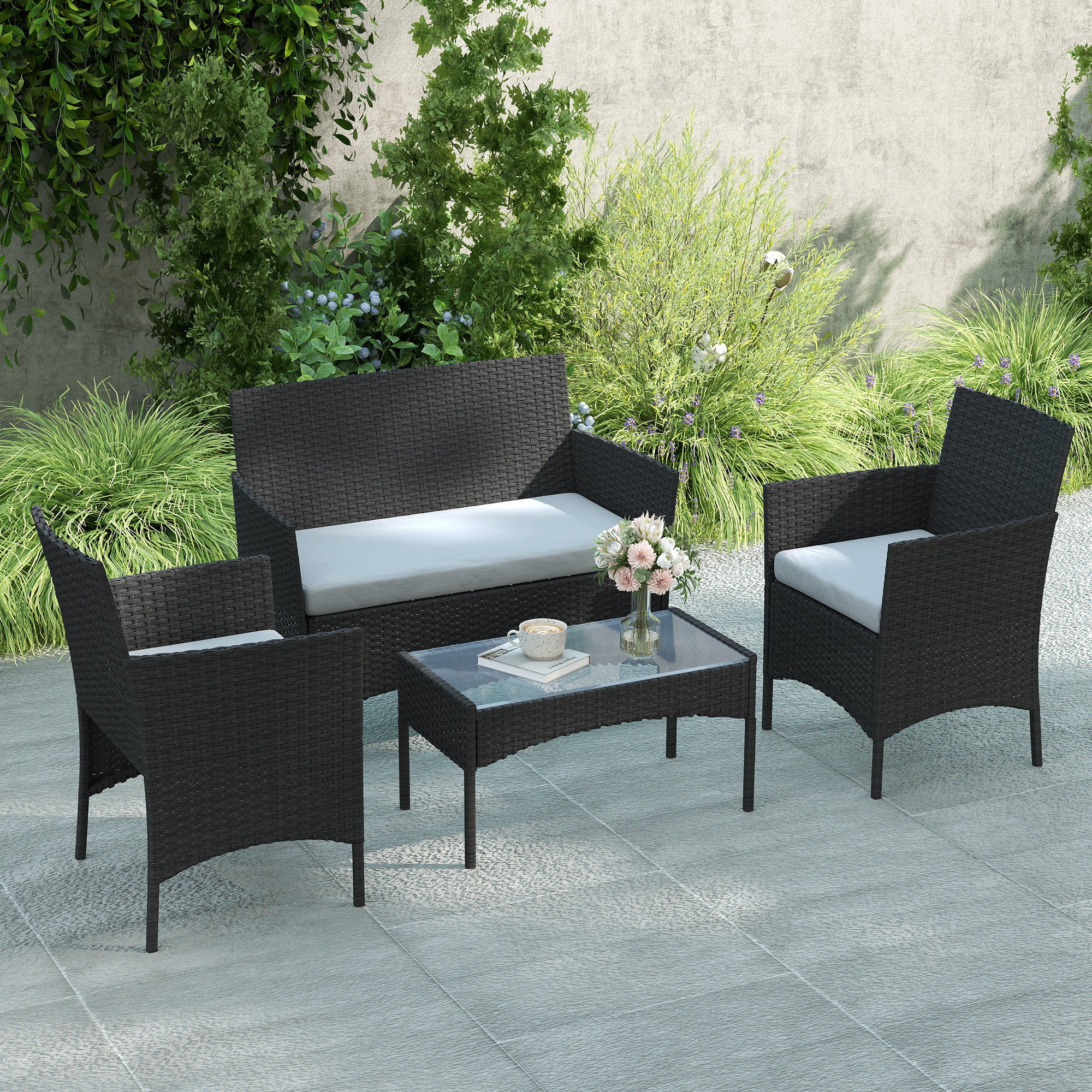 Outdoor Garden Furniture 4-seater, balcony furniture in resin wicker with sofas and tempered glass coffee table, removable cushions included, for patio balcony terrace, gray