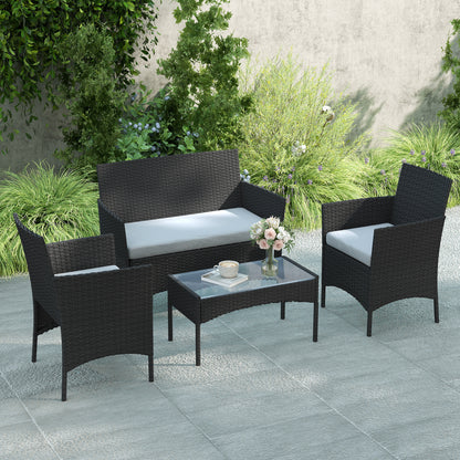 Outdoor Garden Furniture 4-seater, balcony furniture in resin wicker with sofas and tempered glass coffee table, removable cushions included, for patio balcony terrace, gray