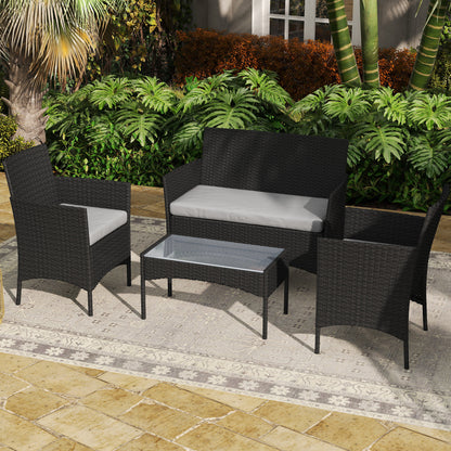 Outdoor Garden Furniture 4-seater, balcony furniture in resin wicker with sofas and tempered glass coffee table, removable cushions included, for patio balcony terrace, gray