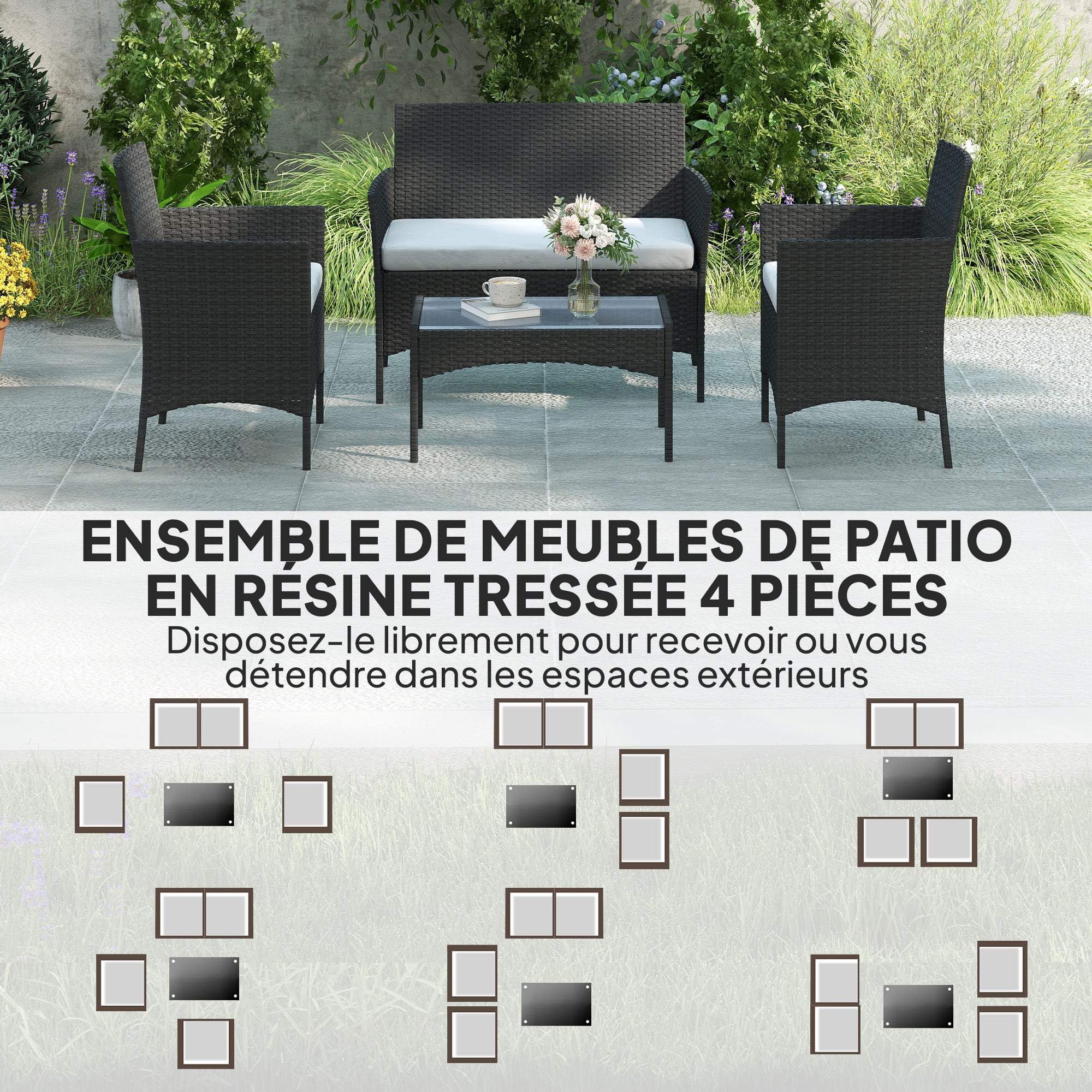 Outdoor Garden Furniture 4-seater, balcony furniture in resin wicker with sofas and tempered glass coffee table, removable cushions included, for patio balcony terrace, gray