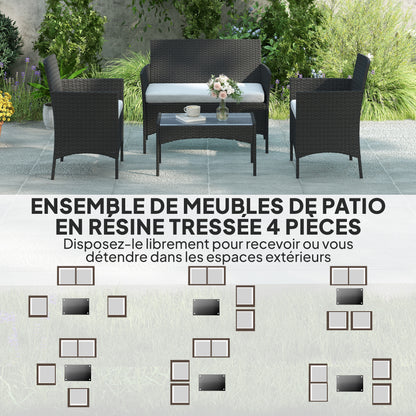 Outdoor Garden Furniture 4-seater, balcony furniture in resin wicker with sofas and tempered glass coffee table, removable cushions included, for patio balcony terrace, gray