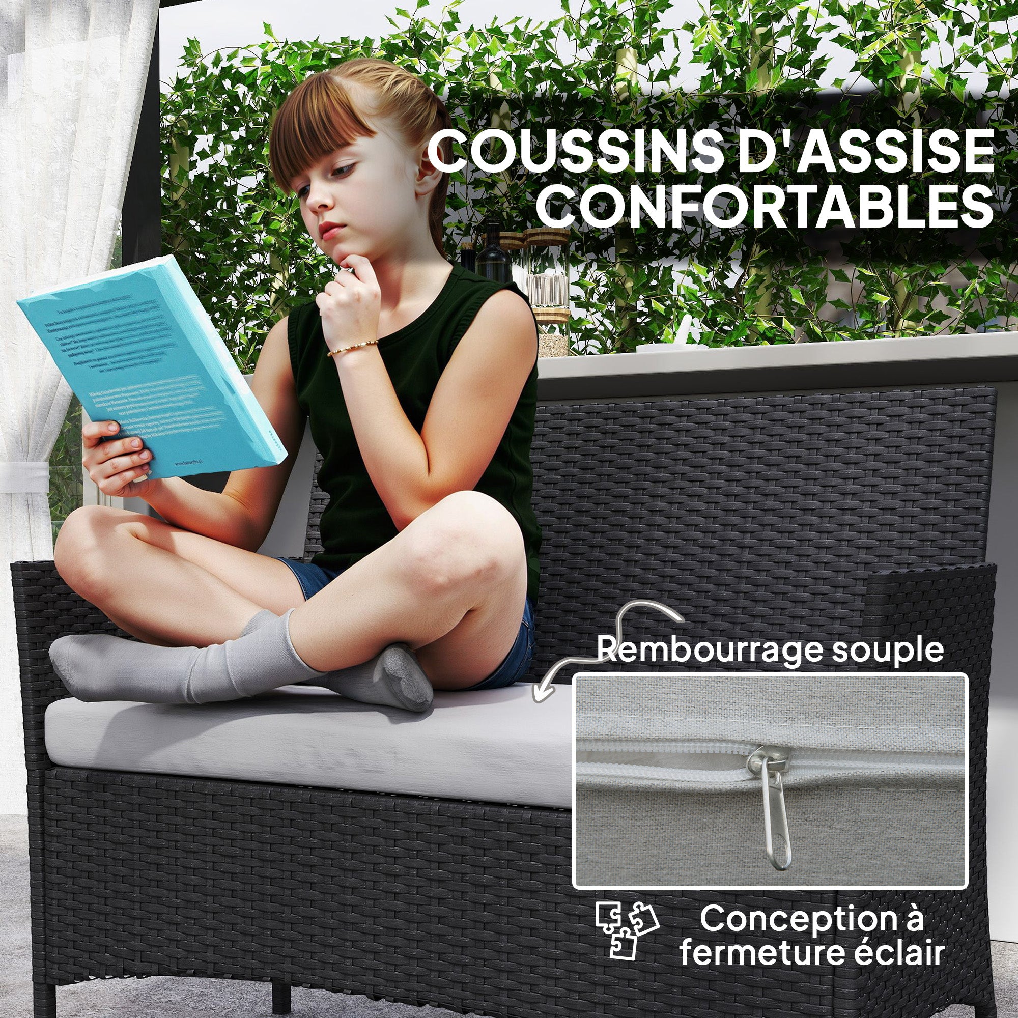Outdoor Garden Furniture 4-seater, balcony furniture in resin wicker with sofas and tempered glass coffee table, removable cushions included, for patio balcony terrace, gray