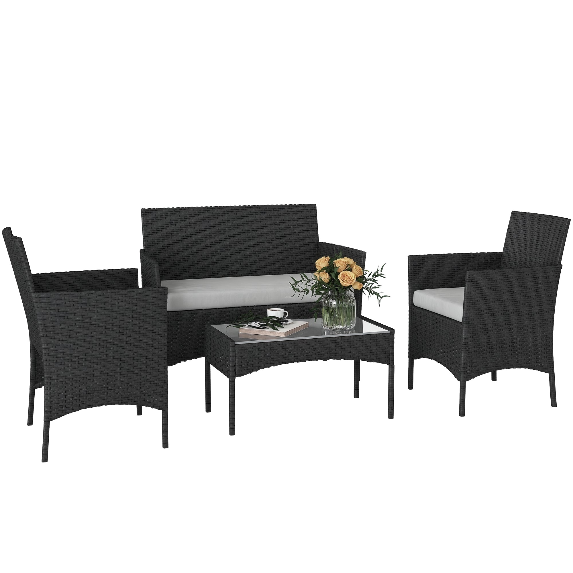 Outdoor Garden Furniture 4-seater, balcony furniture in resin wicker with sofas and tempered glass coffee table, removable cushions included, for patio balcony terrace, gray