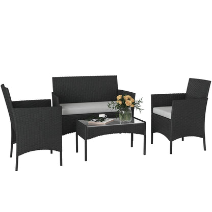Outdoor Garden Furniture 4-seater, balcony furniture in resin wicker with sofas and tempered glass coffee table, removable cushions included, for patio balcony terrace, gray