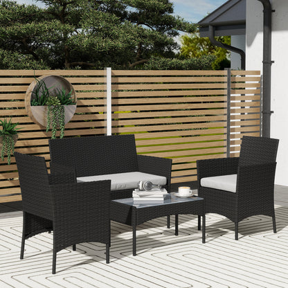 Outdoor Garden Furniture 4-seater, balcony furniture in resin wicker with sofas and tempered glass coffee table, removable cushions included, for patio balcony terrace, gray