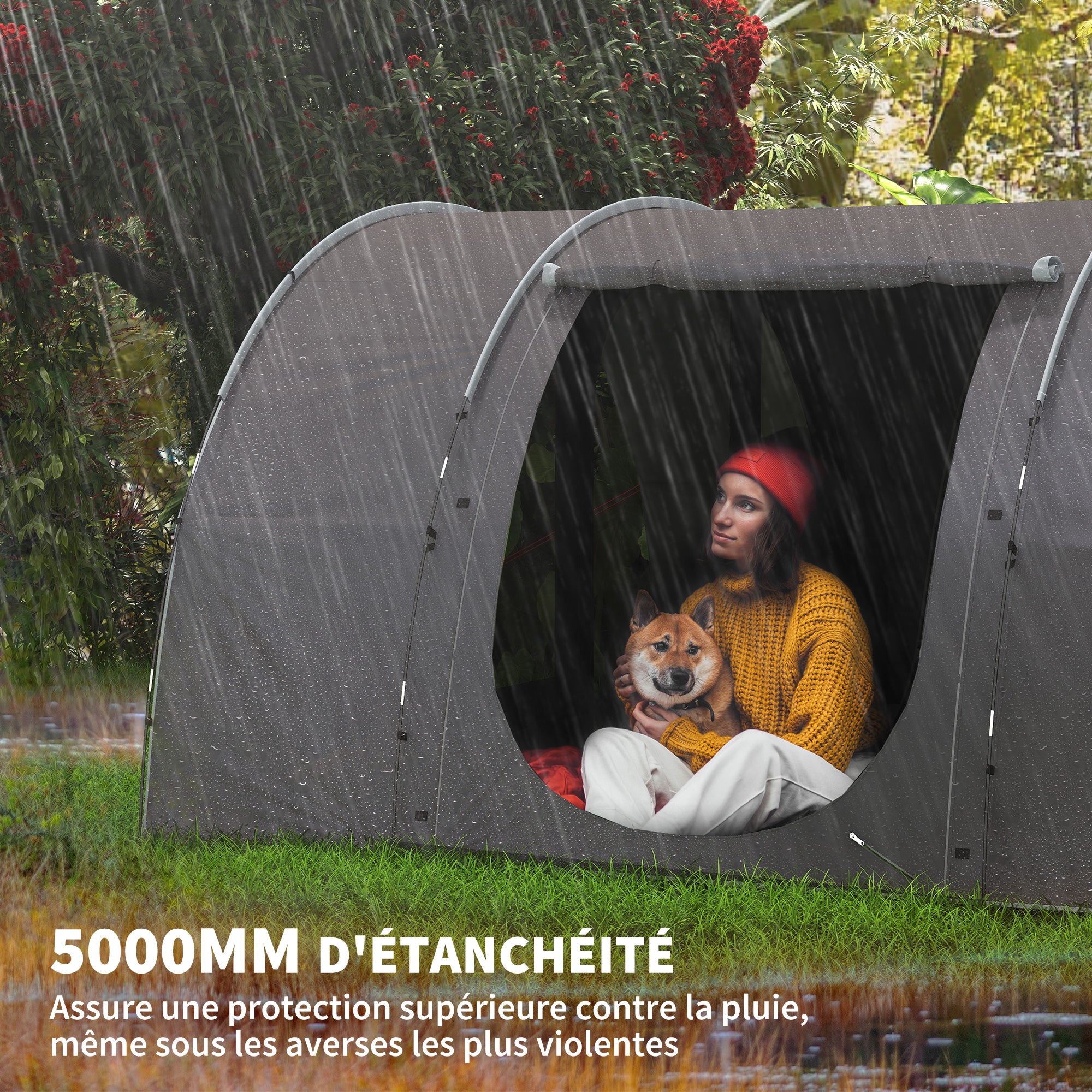 Camping Tent with Porch for 4-6 People, Lightweight Ventilated Waterproof Family Tunnel Tent 5,000mm Easy Setup, Carry Bag and Mat Included, for Hiking Trekking, Gray