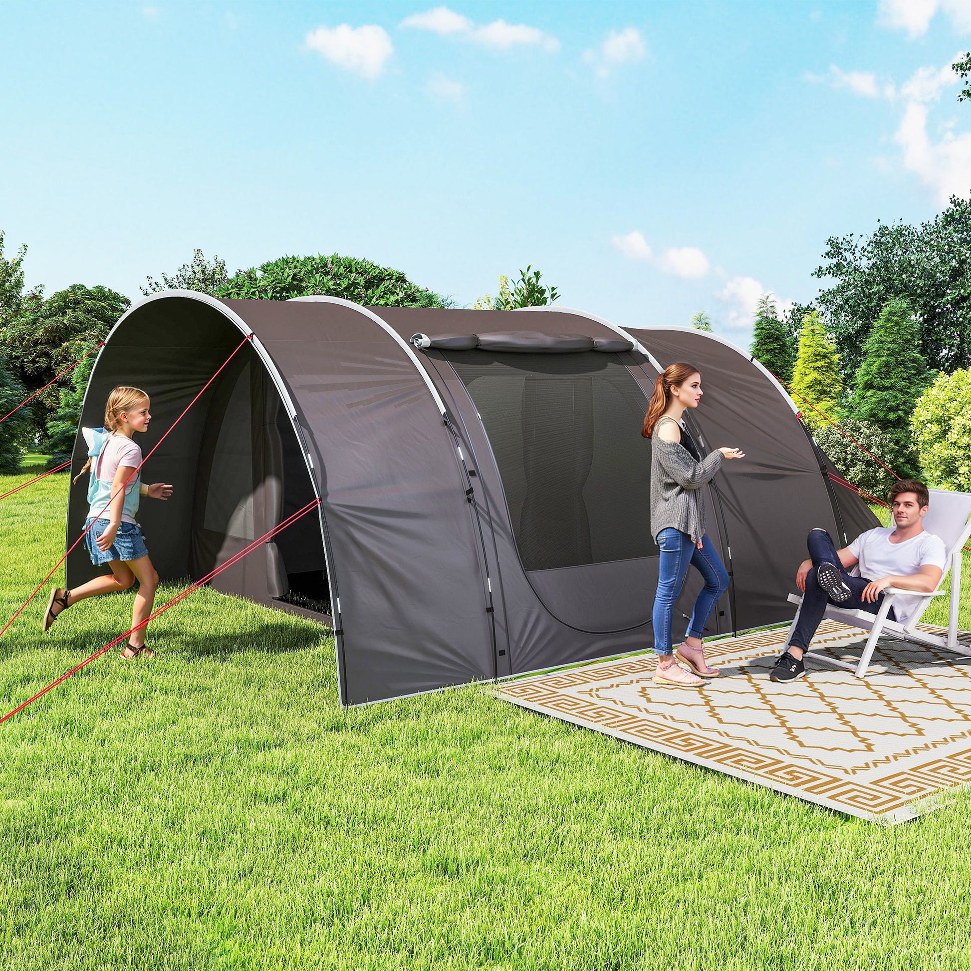 Camping Tent with Porch for 4-6 People, Lightweight Ventilated Waterproof Family Tunnel Tent 5,000mm Easy Setup, Carry Bag and Mat Included, for Hiking Trekking, Gray