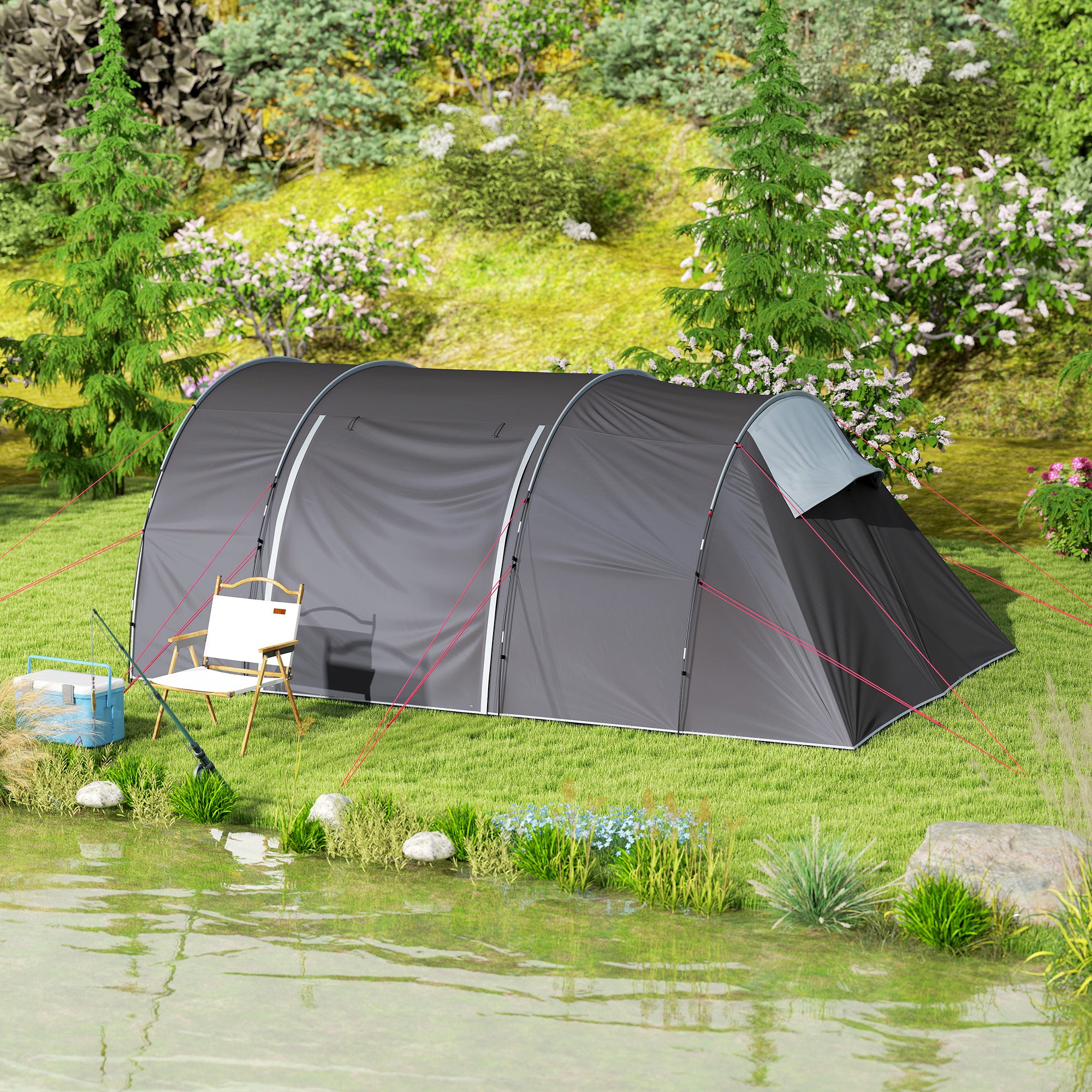 Camping Tent with Porch for 4-6 People, Lightweight Ventilated Waterproof Family Tunnel Tent 5,000mm Easy Setup, Carry Bag and Mat Included, for Hiking Trekking, Gray