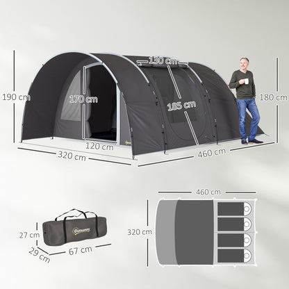 Camping Tent with Porch for 4-6 People, Lightweight Ventilated Waterproof Family Tunnel Tent 5,000mm Easy Setup, Carry Bag and Mat Included, for Hiking Trekking, Gray