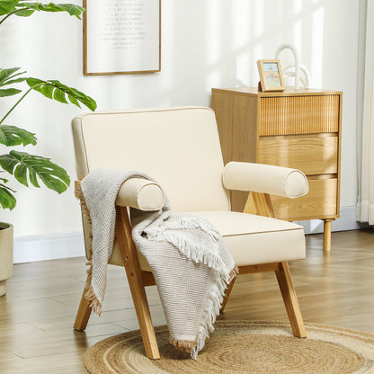 Living Room Armchair Nordic Armchair Upholstered in PU with Armrests and Rubber Wood Frame for Bedroom Load 120kg Cream