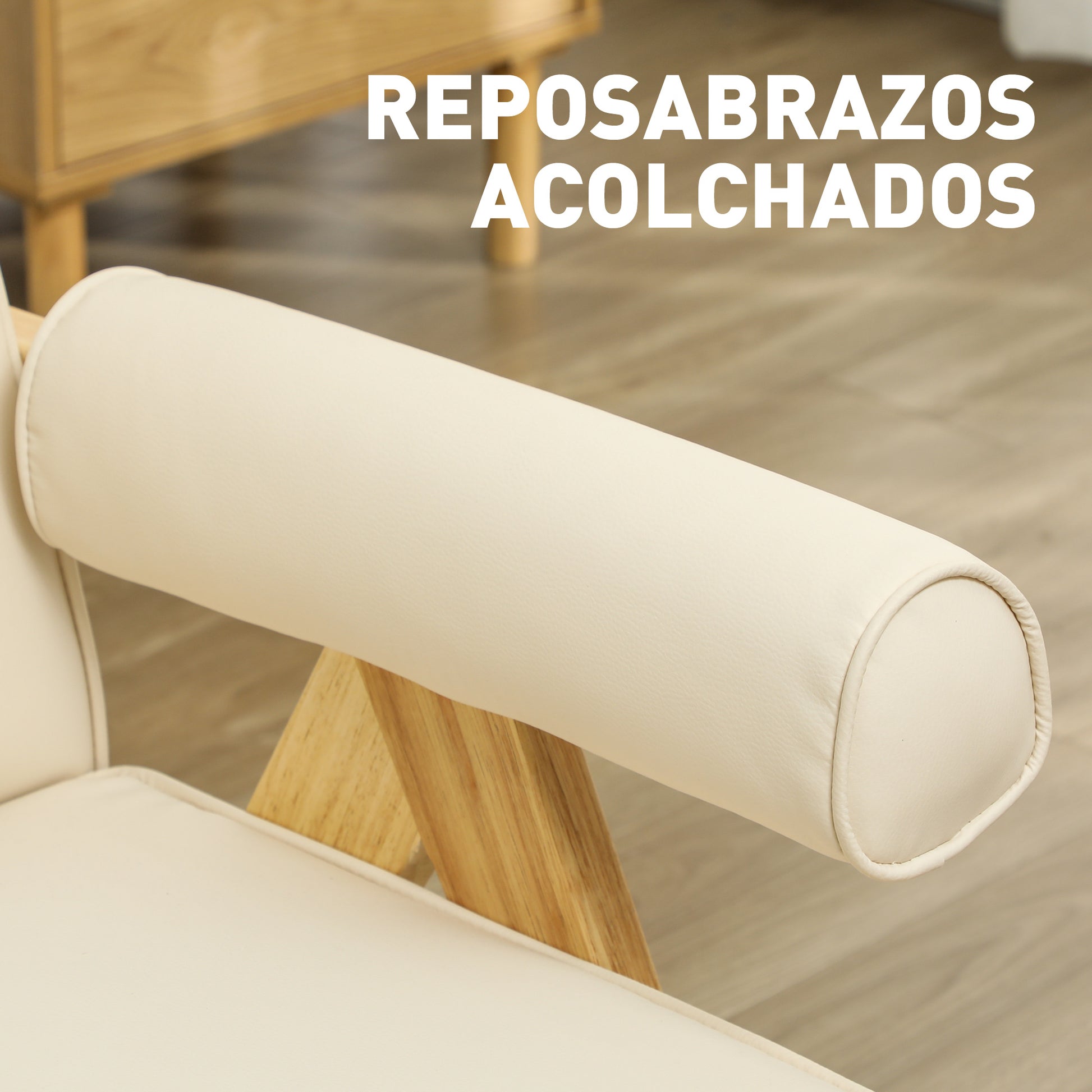 Living Room Armchair Nordic Armchair Upholstered in PU with Armrests and Rubber Wood Frame for Bedroom Load 120kg Cream