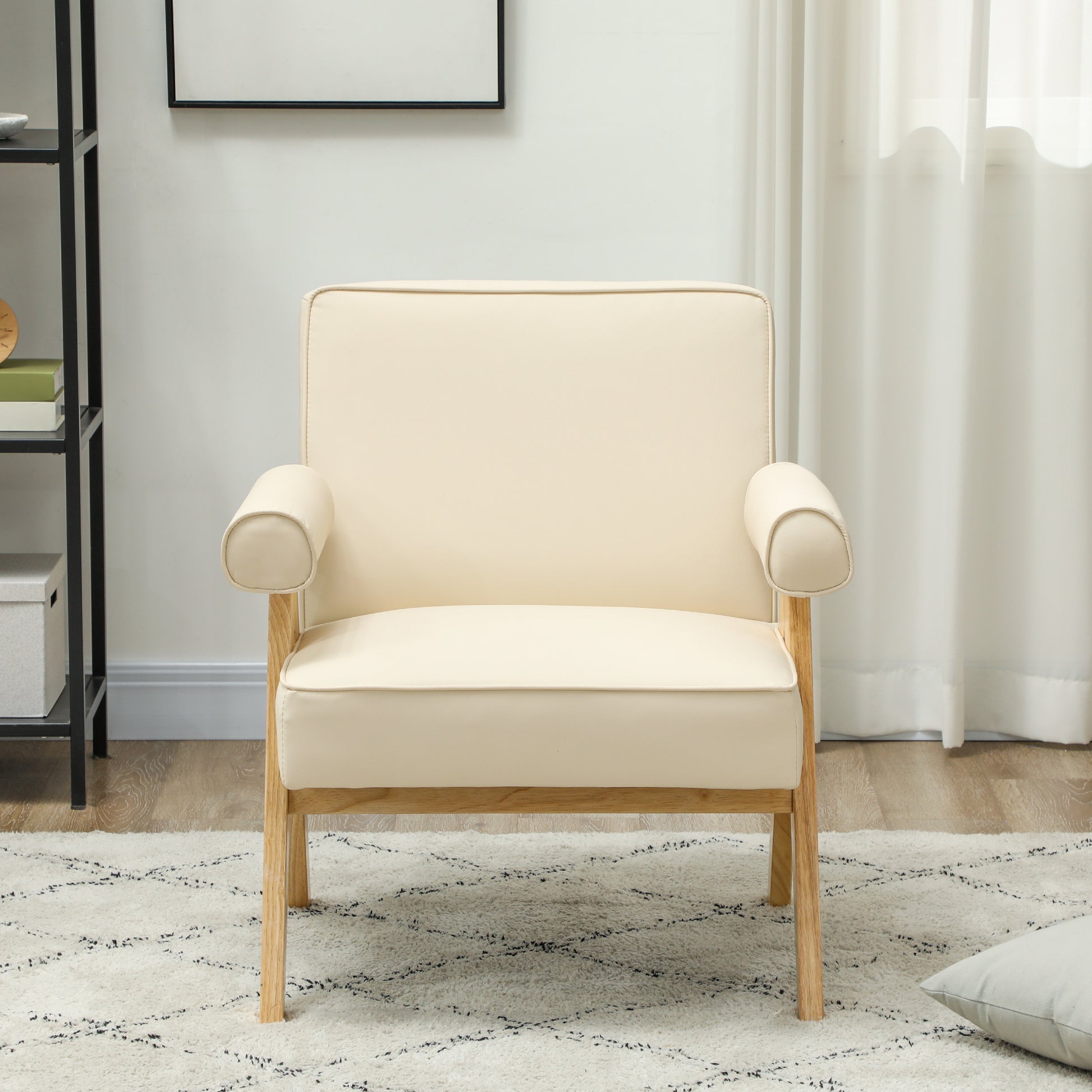Living Room Armchair Nordic Armchair Upholstered in PU with Armrests and Rubber Wood Frame for Bedroom Load 120kg Cream