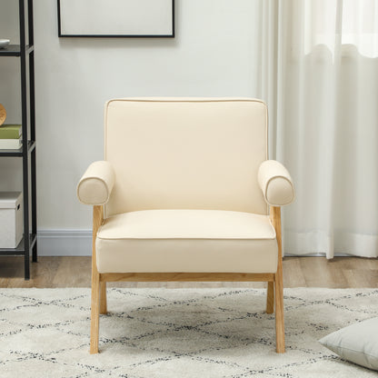 Living Room Armchair Nordic Armchair Upholstered in PU with Armrests and Rubber Wood Frame for Bedroom Load 120kg Cream
