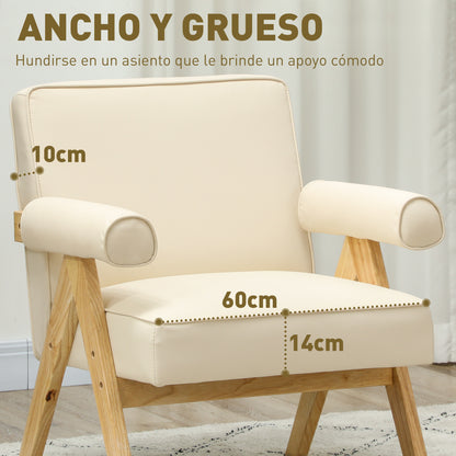 Living Room Armchair Nordic Armchair Upholstered in PU with Armrests and Rubber Wood Frame for Bedroom Load 120kg Cream