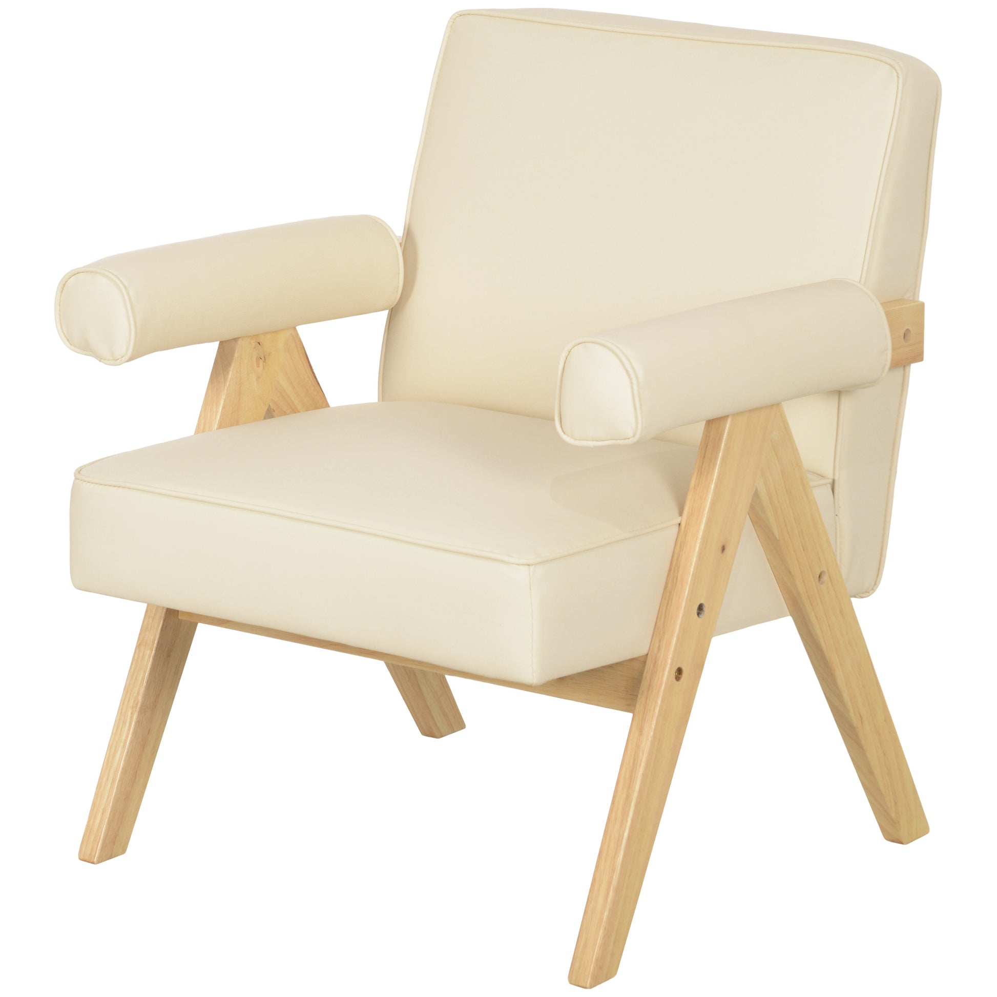 Living Room Armchair Nordic Armchair Upholstered in PU with Armrests and Rubber Wood Frame for Bedroom Load 120kg Cream