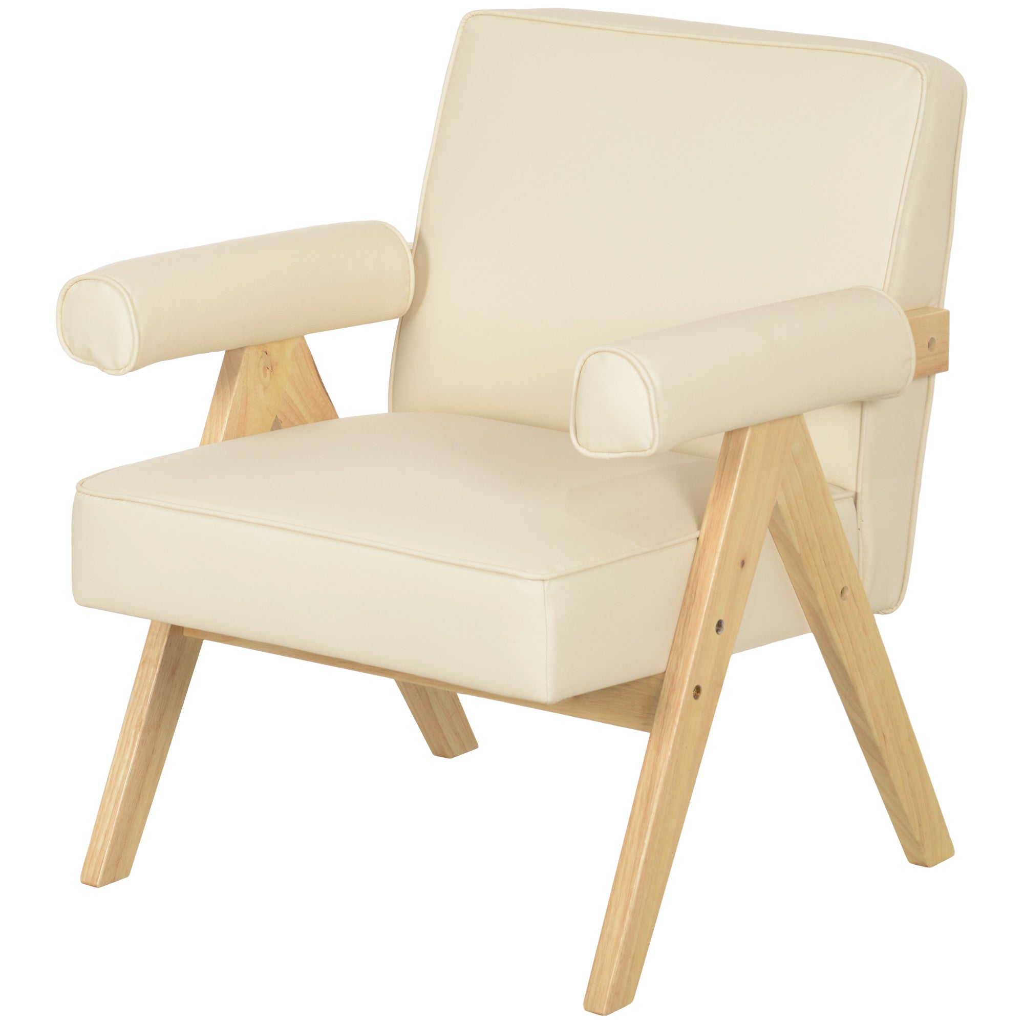 Living Room Armchair Nordic Armchair Upholstered in PU with Armrests and Rubber Wood Frame for Bedroom Load 120kg Cream