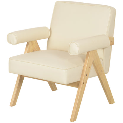 Living Room Armchair Nordic Armchair Upholstered in PU with Armrests and Rubber Wood Frame for Bedroom Load 120kg Cream