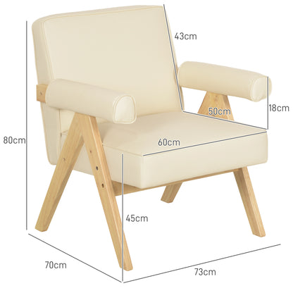 Living Room Armchair Nordic Armchair Upholstered in PU with Armrests and Rubber Wood Frame for Bedroom Load 120kg Cream