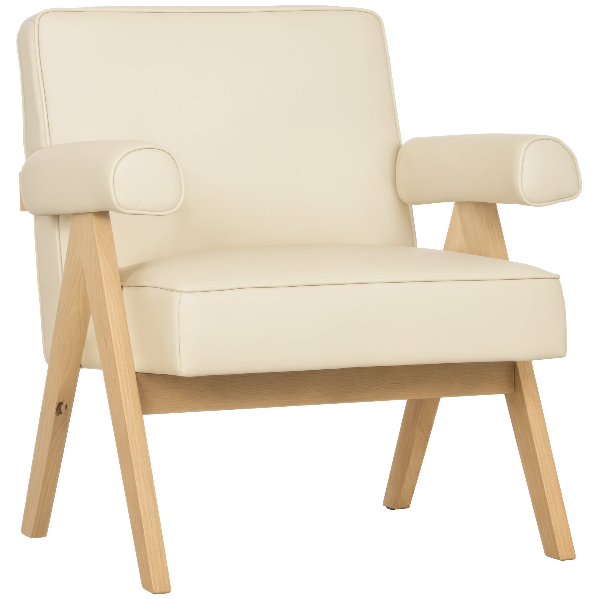 Living Room Armchair Nordic Armchair Upholstered in PU with Armrests and Rubber Wood Frame for Bedroom Load 120kg Cream