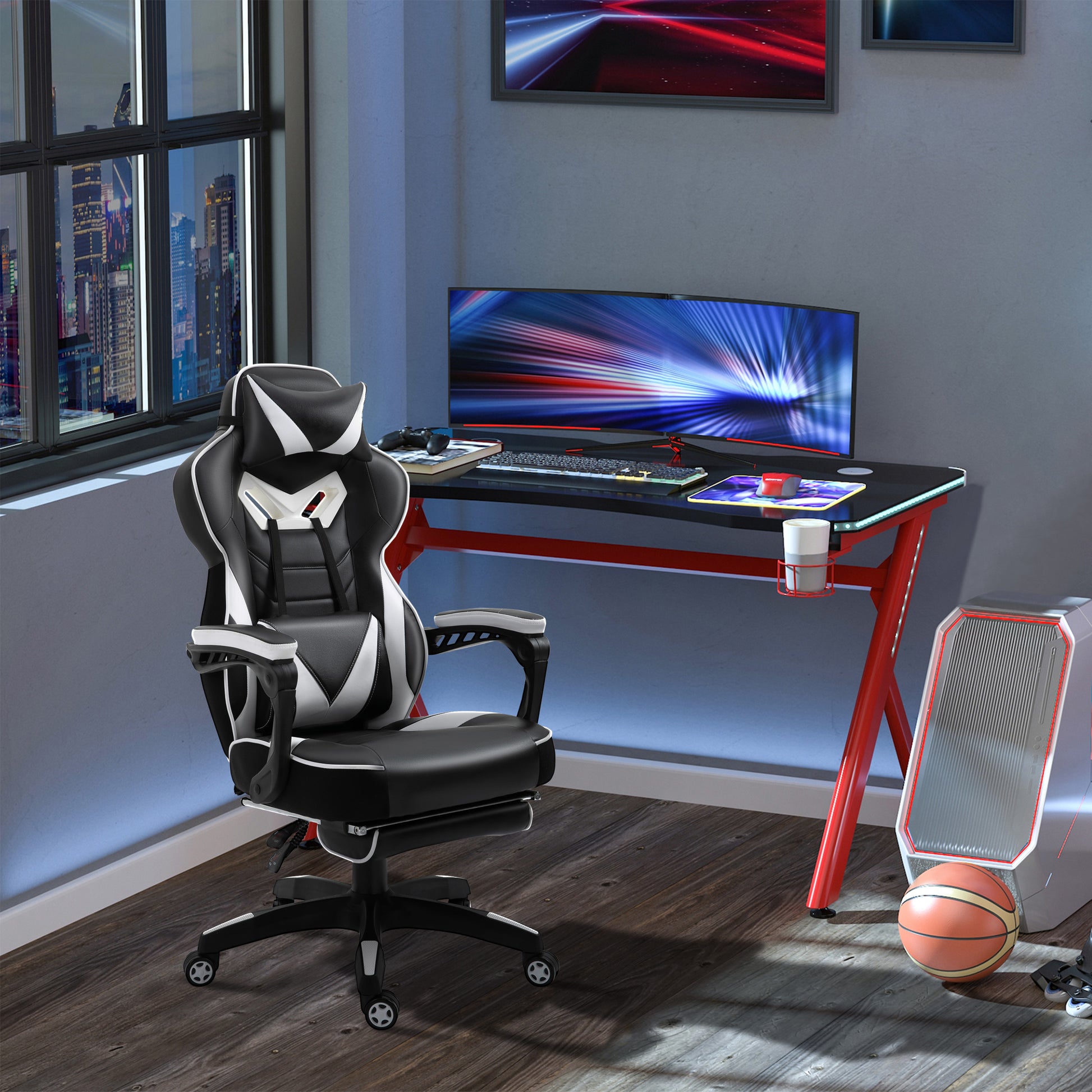 Ergonomic Gaming Chair Office Desk Chair Height Adjustable Reclining Backrest with Footrest Headrest Lumbar Pillow Wheels 65x70x118.5-128.5 cm White