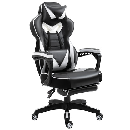 Ergonomic Gaming Chair Office Desk Chair Height Adjustable Reclining Backrest with Footrest Headrest Lumbar Pillow Wheels 65x70x118.5-128.5 cm White