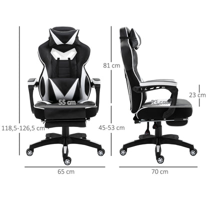 Ergonomic Gaming Chair Office Desk Chair Height Adjustable Reclining Backrest with Footrest Headrest Lumbar Pillow Wheels 65x70x118.5-128.5 cm White