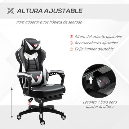 Ergonomic Gaming Chair Office Desk Chair Height Adjustable Reclining Backrest with Footrest Headrest Lumbar Pillow Wheels 65x70x118.5-128.5 cm White