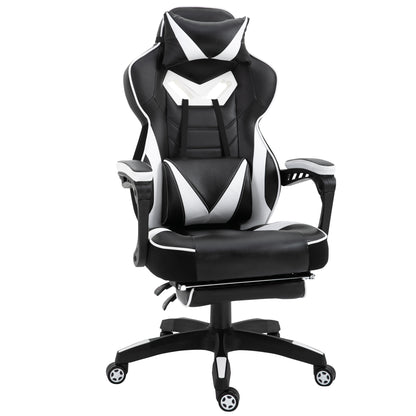 Ergonomic Gaming Chair Office Desk Chair Height Adjustable Reclining Backrest with Footrest Headrest Lumbar Pillow Wheels 65x70x118.5-128.5 cm White