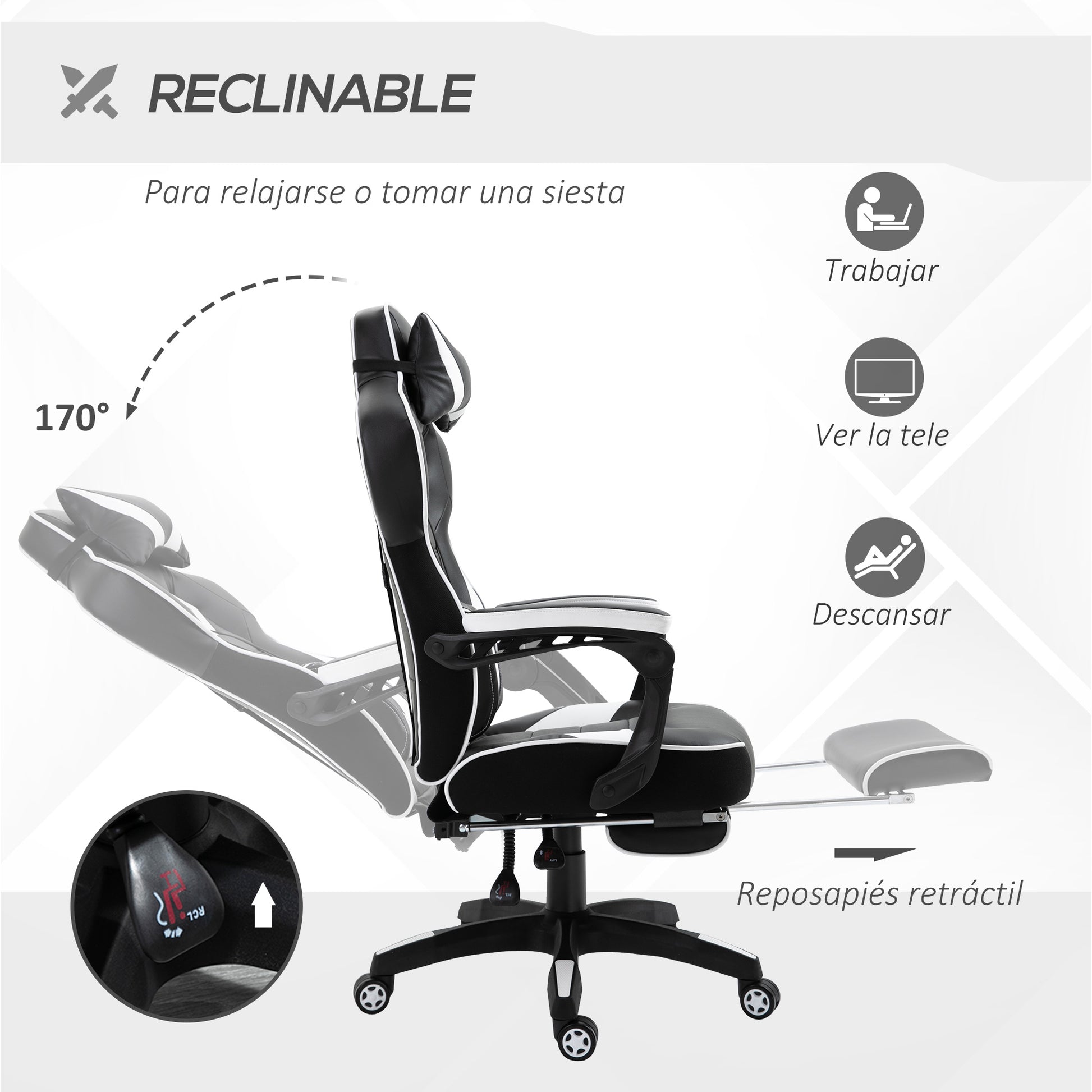 Ergonomic Gaming Chair Office Desk Chair Height Adjustable Reclining Backrest with Footrest Headrest Lumbar Pillow Wheels 65x70x118.5-128.5 cm White