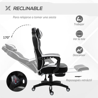 Ergonomic Gaming Chair Office Desk Chair Height Adjustable Reclining Backrest with Footrest Headrest Lumbar Pillow Wheels 65x70x118.5-128.5 cm White
