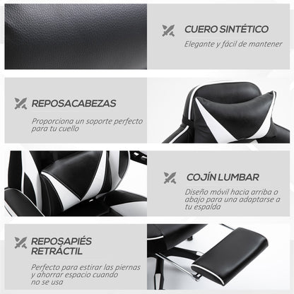 Ergonomic Gaming Chair Office Desk Chair Height Adjustable Reclining Backrest with Footrest Headrest Lumbar Pillow Wheels 65x70x118.5-128.5 cm White