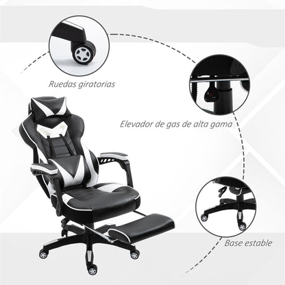 Ergonomic Gaming Chair Office Desk Chair Height Adjustable Reclining Backrest with Footrest Headrest Lumbar Pillow Wheels 65x70x118.5-128.5 cm White