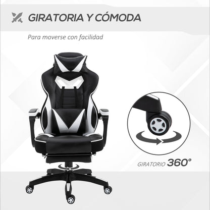 Ergonomic Gaming Chair Office Desk Chair Height Adjustable Reclining Backrest with Footrest Headrest Lumbar Pillow Wheels 65x70x118.5-128.5 cm White