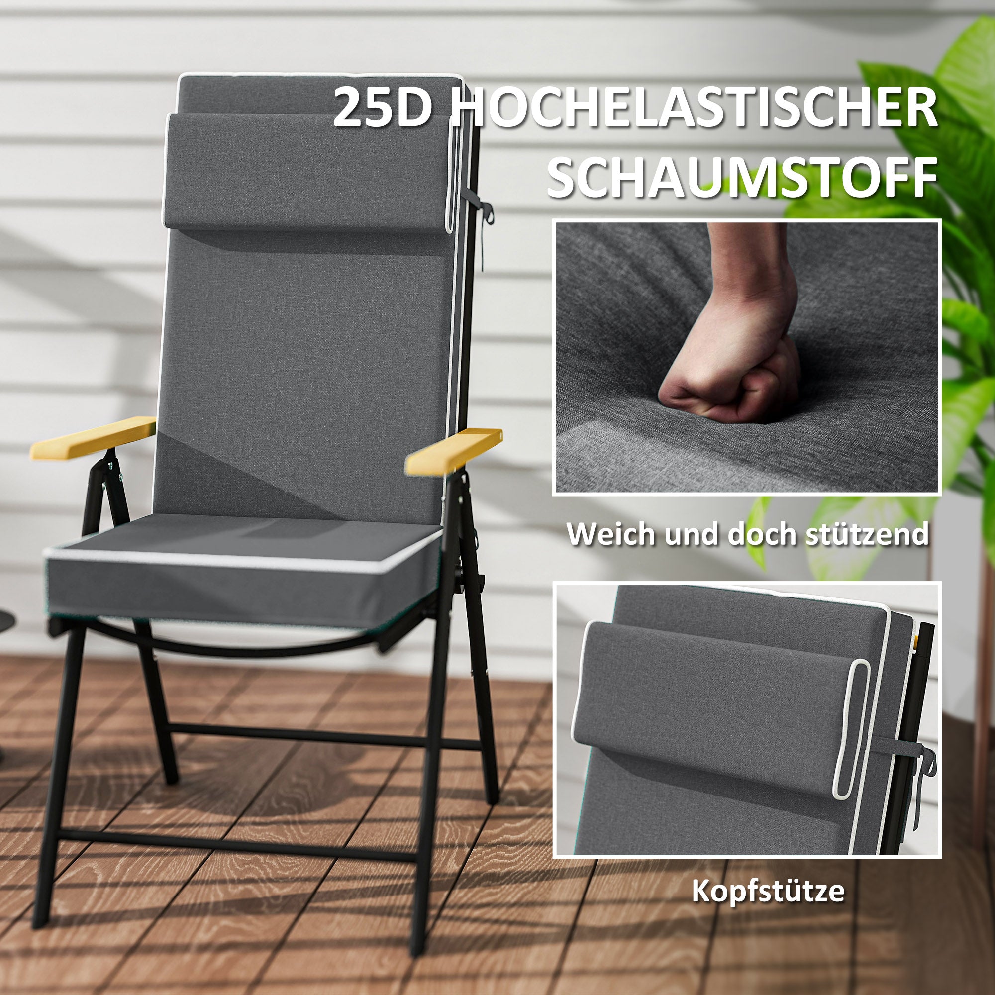 Seat Cushion 120 x 47 x 9.5 cm Water-Repellent Chair Cushion with Straps, Headrest, UPF50+ Outdoor Indoor Seat Pad, Seat Pillow for Folding Chair, Dining Chair, Dark Gray
