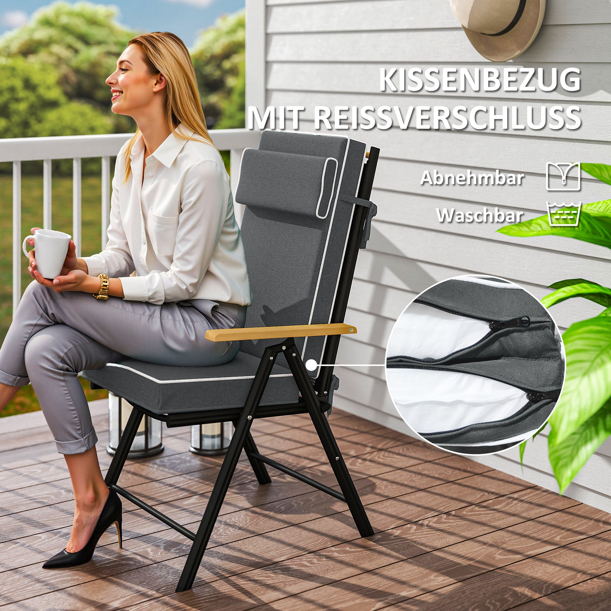 Seat Cushion 120 x 47 x 9.5 cm Water-Repellent Chair Cushion with Straps, Headrest, UPF50+ Outdoor Indoor Seat Pad, Seat Pillow for Folding Chair, Dining Chair, Dark Gray