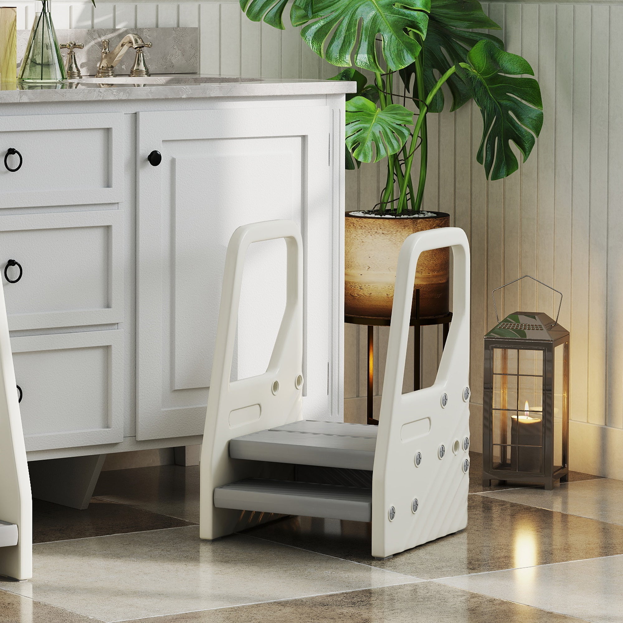 Step Stool with 3 Steps, Children's Stool Height Adjustable for Bathroom, Step Stool with Anti-Slip, Step Stool for Kids 2-5 Years, up to 30 kg Capacity, for Bathroom, Kitchen, Nursery, Gray