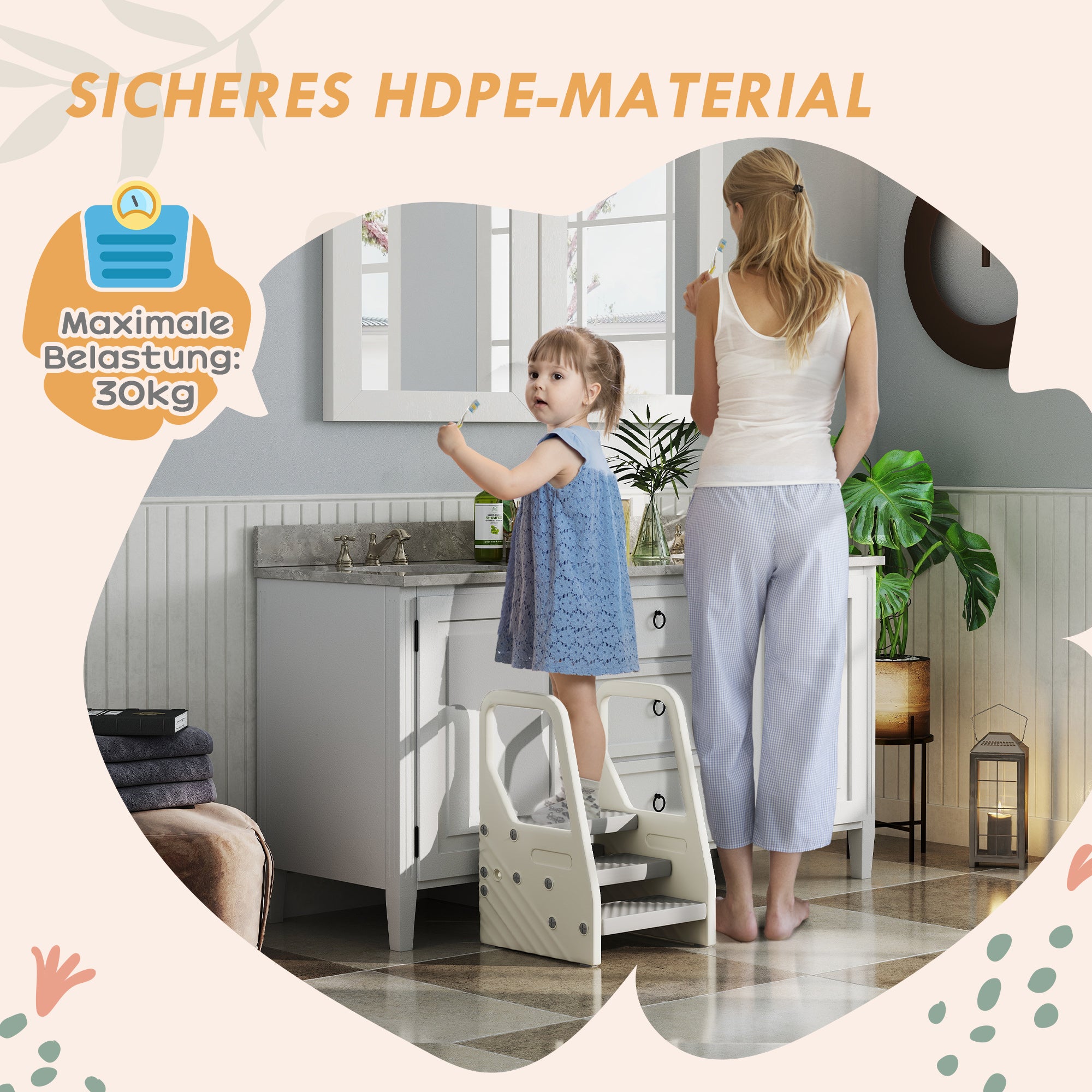 Step Stool with 3 Steps, Children's Stool Height Adjustable for Bathroom, Step Stool with Anti-Slip, Step Stool for Kids 2-5 Years, up to 30 kg Capacity, for Bathroom, Kitchen, Nursery, Gray