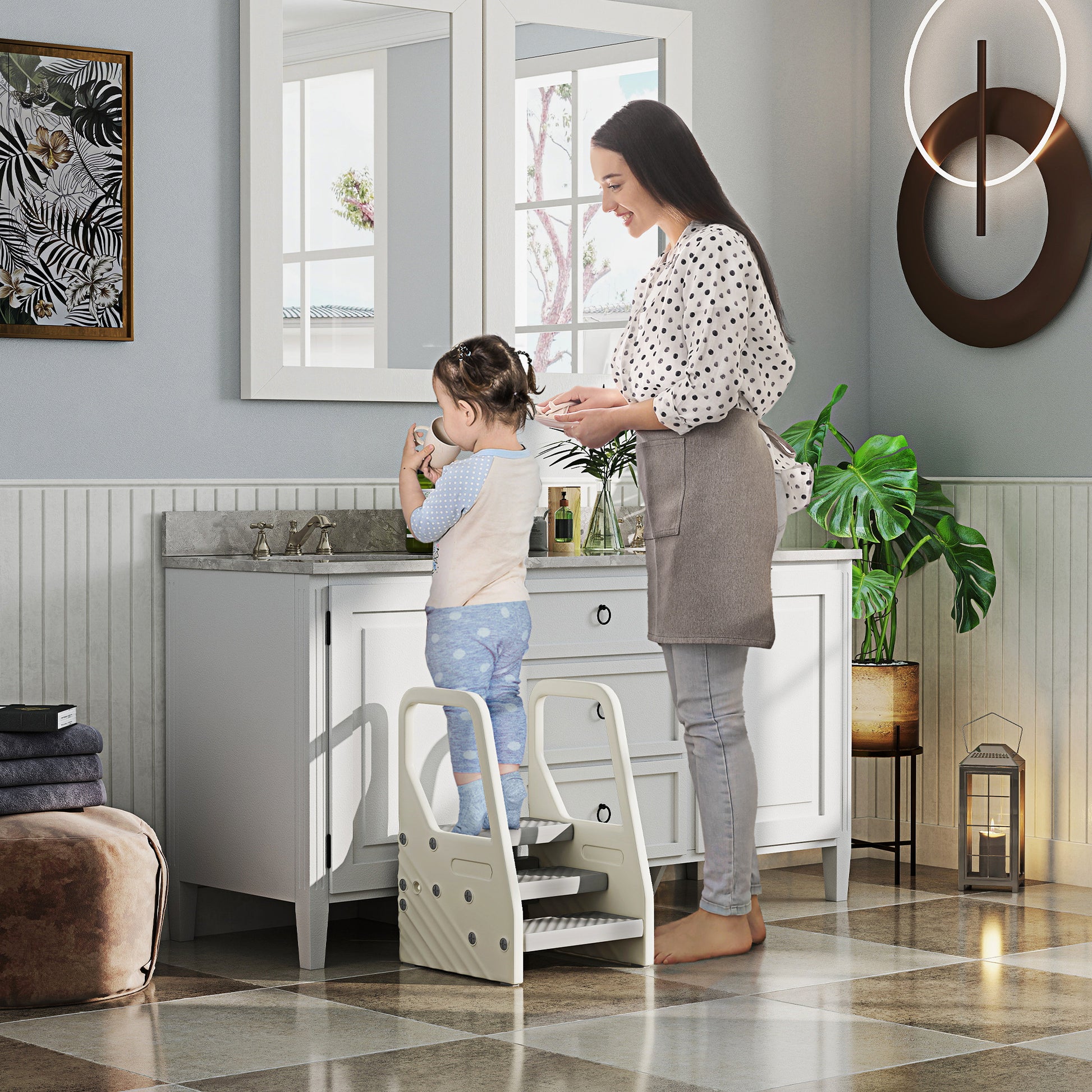 Step Stool with 3 Steps, Children's Stool Height Adjustable for Bathroom, Step Stool with Anti-Slip, Step Stool for Kids 2-5 Years, up to 30 kg Capacity, for Bathroom, Kitchen, Nursery, Gray