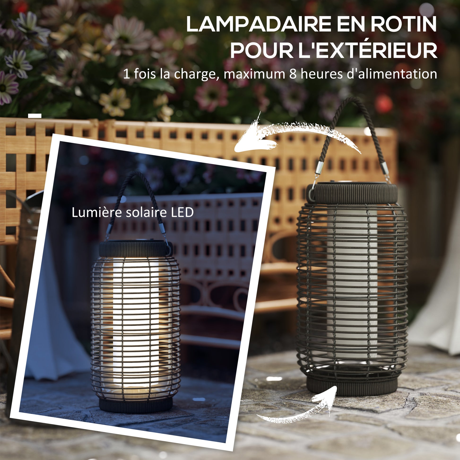 Solar Outdoor Lamp Garden Floor Lamp with PE Wicker Resin LED Garden Light Steel Automatic On/Off Switch Ø18 x 37 cm Grey