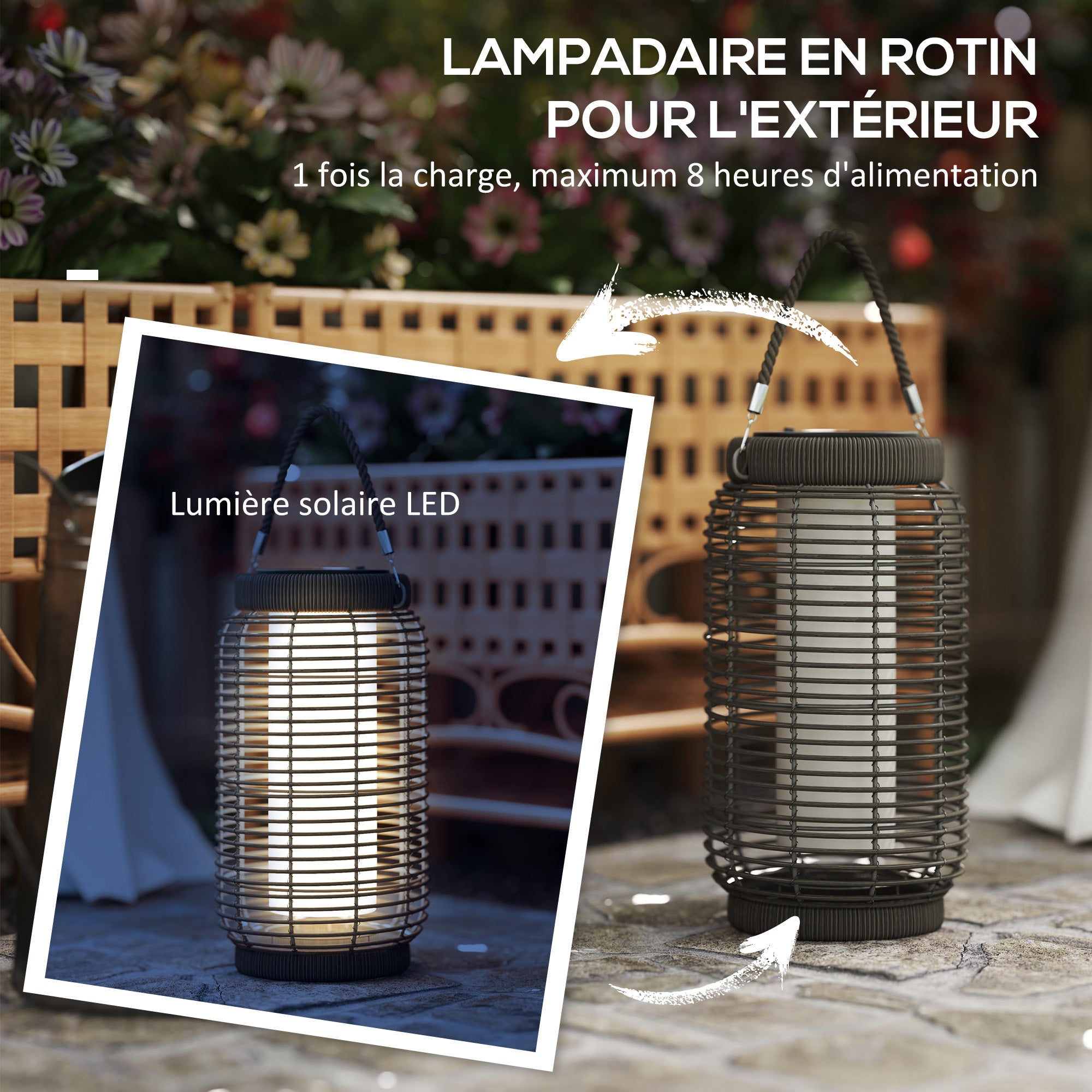 Solar Outdoor Lamp Garden Floor Lamp with PE Wicker Resin LED Garden Light Steel Automatic On/Off Switch Ø18 x 37 cm Grey