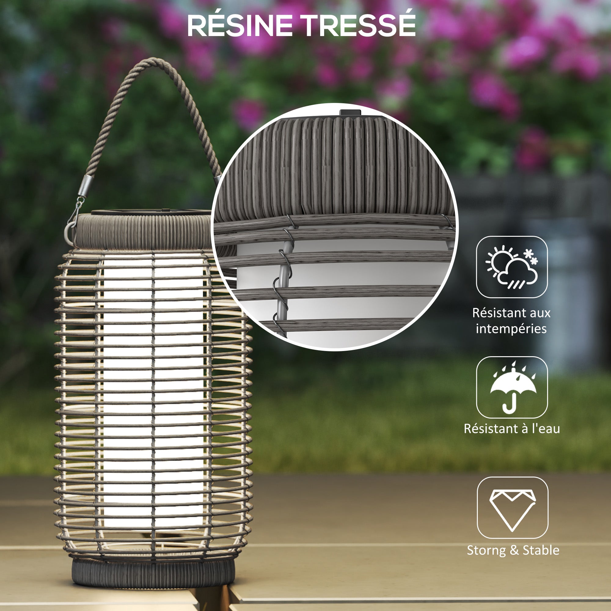 Solar Outdoor Lamp Garden Floor Lamp with PE Wicker Resin LED Garden Light Steel Automatic On/Off Switch Ø18 x 37 cm Grey