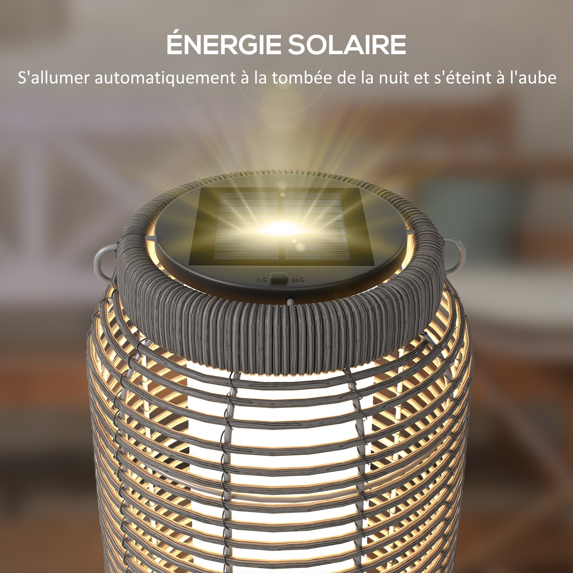 Solar Outdoor Lamp Garden Floor Lamp with PE Wicker Resin LED Garden Light Steel Automatic On/Off Switch Ø18 x 37 cm Grey
